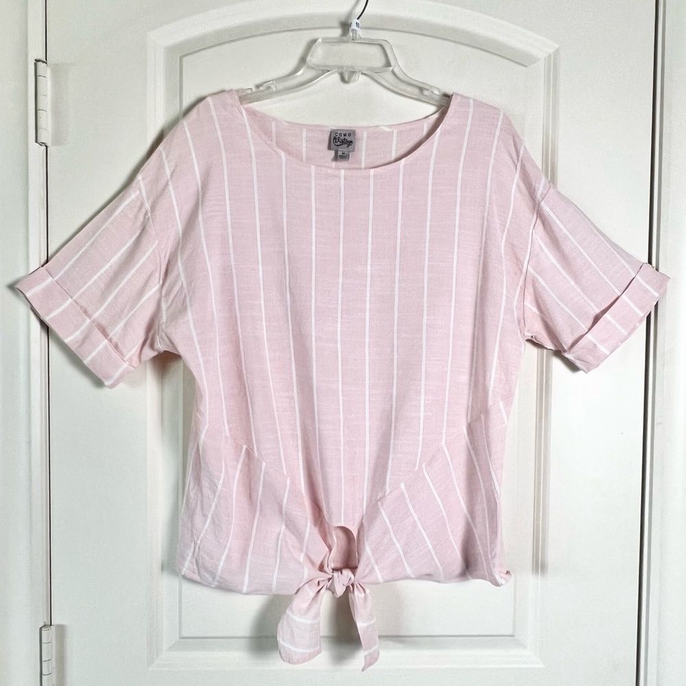 Women's Como Vintage Striped Tie Front Cuff Sleeve Casual Chic Top medium